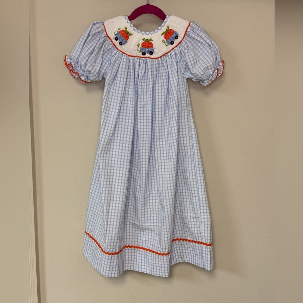 Babeeni: Girls Blue Checkered Smocked Pumpkin Bishop Dress, Size 5T